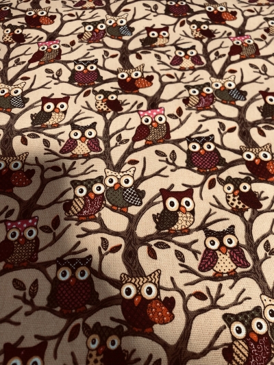 cream multi coloured owl on trees canvas fabric 150 cm width